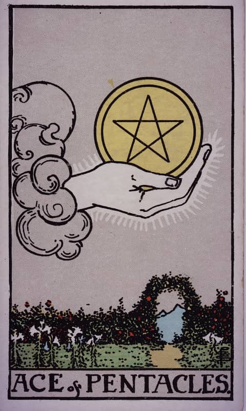 Ace of Pentacles tarot card, Rider Waite Smith deck
