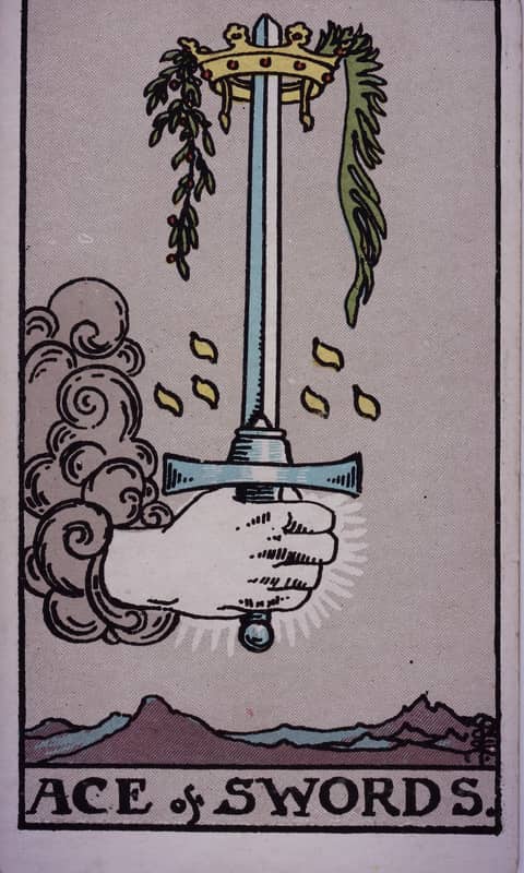 Ace of Swords tarot card, Rider Waite Smith deck