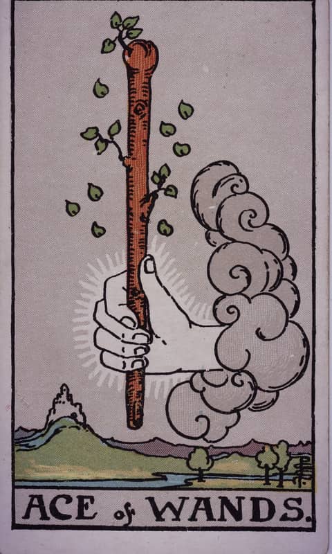Ace of Wands tarot card, Rider Waite Smith deck