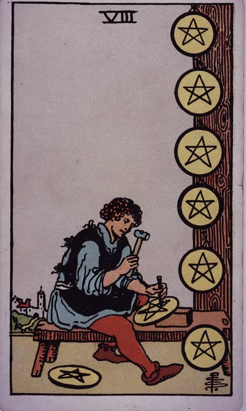 Eight of Pentacles tarot card, Rider Waite Smith deck