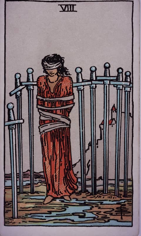 Eight of Swords tarot card, Rider Waite Smith deck