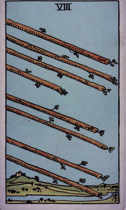 Eight of Wands tarot card, Rider Waite Smith deck