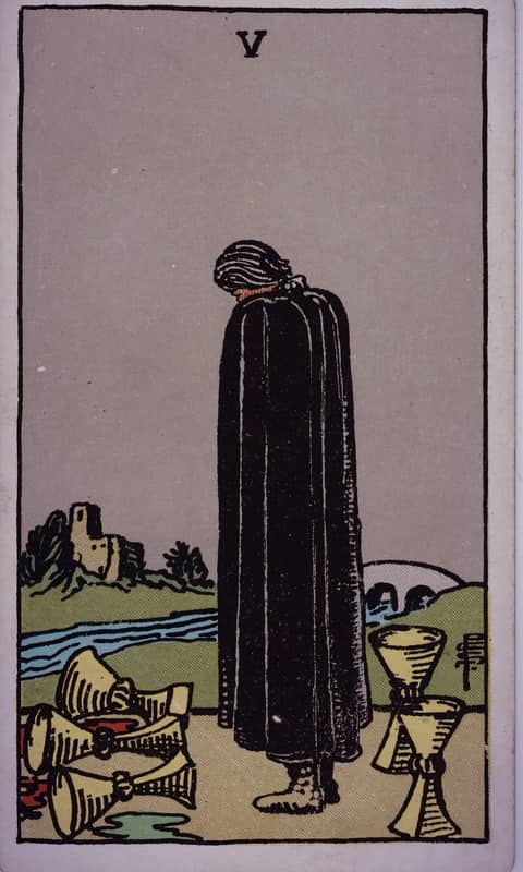 Five of Cups tarot card, Rider Waite Smith deck
