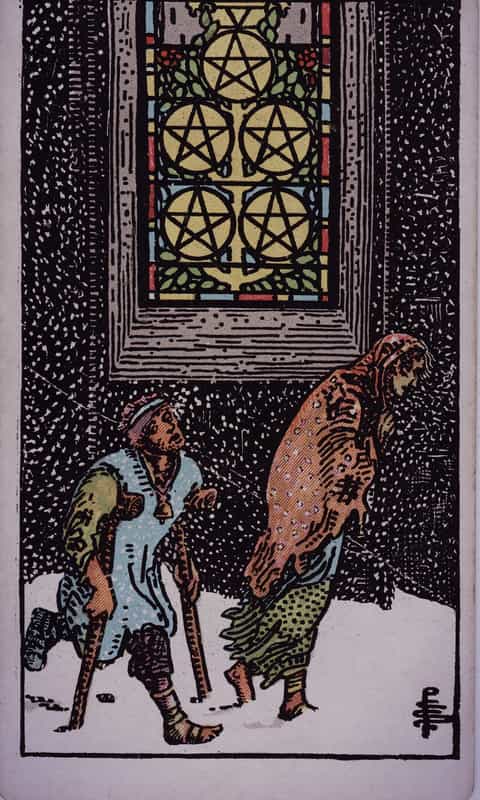 Five of Pentacles tarot card, Rider Waite Smith deck