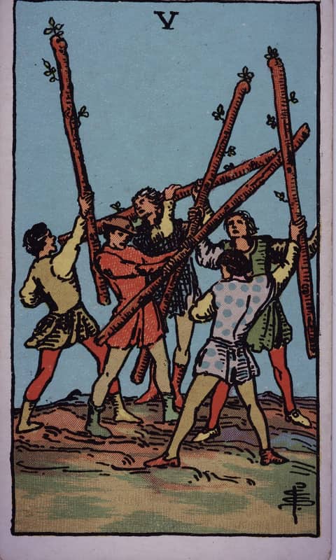Five of Wands tarot card, Rider Waite Smith deck