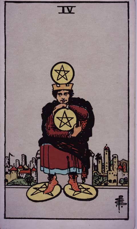 Four of Pentacles tarot card, Rider Waite Smith deck