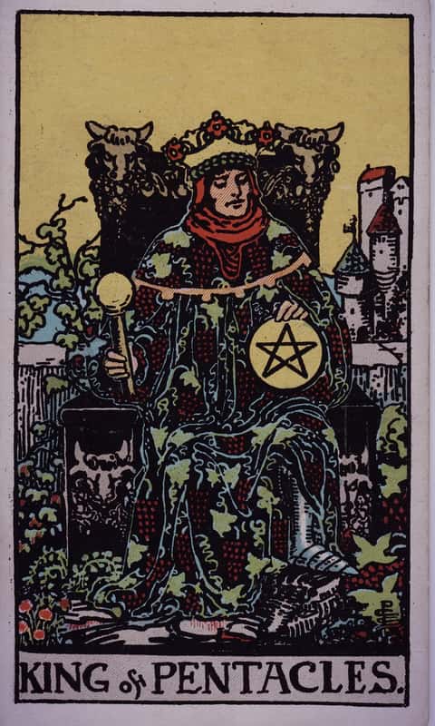 King of Pentacles tarot card, Rider Waite Smith deck