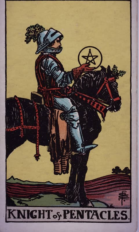 Knight of Pentacles tarot card, Rider Waite Smith deck