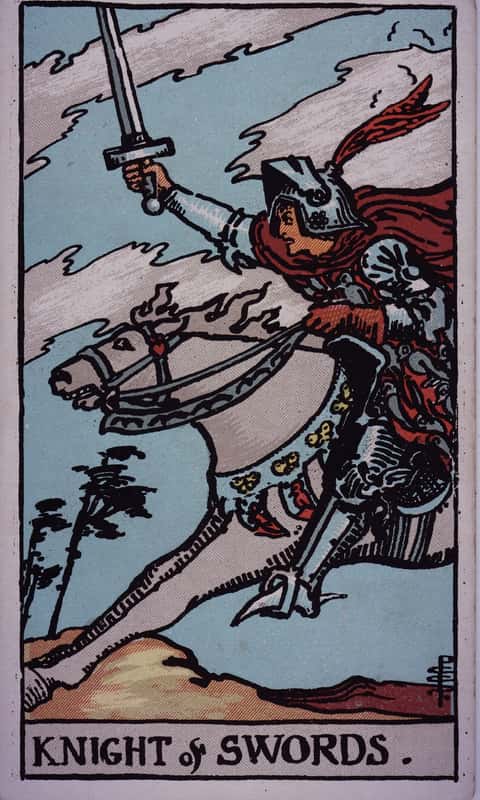 Knight of Swords tarot card, Rider Waite Smith deck