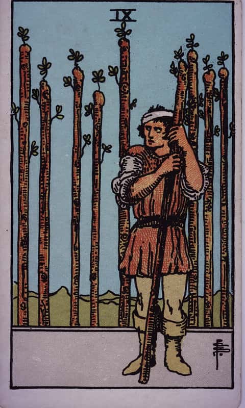 Nine of Wands tarot card, Rider Waite Smith deck