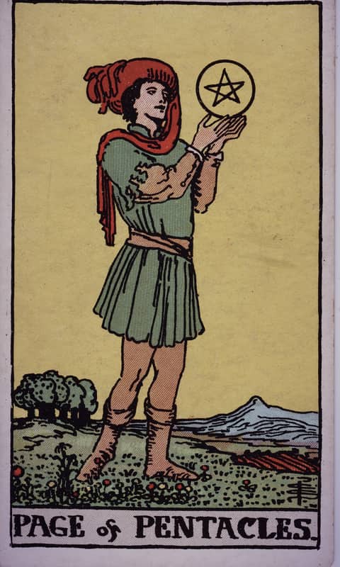 Page of Pentacles tarot card, Rider Waite Smith deck