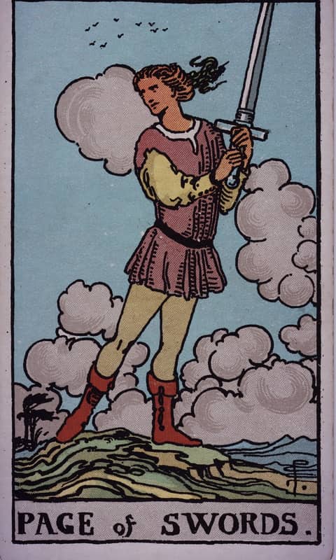 Page of Swords tarot card, Rider Waite Smith deck
