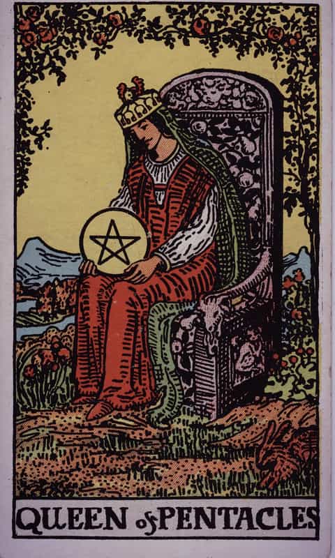 Queen of Pentacles tarot card, Rider Waite Smith deck