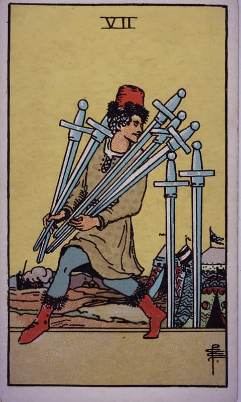 Seven of Swords tarot card, Rider Waite Smith deck
