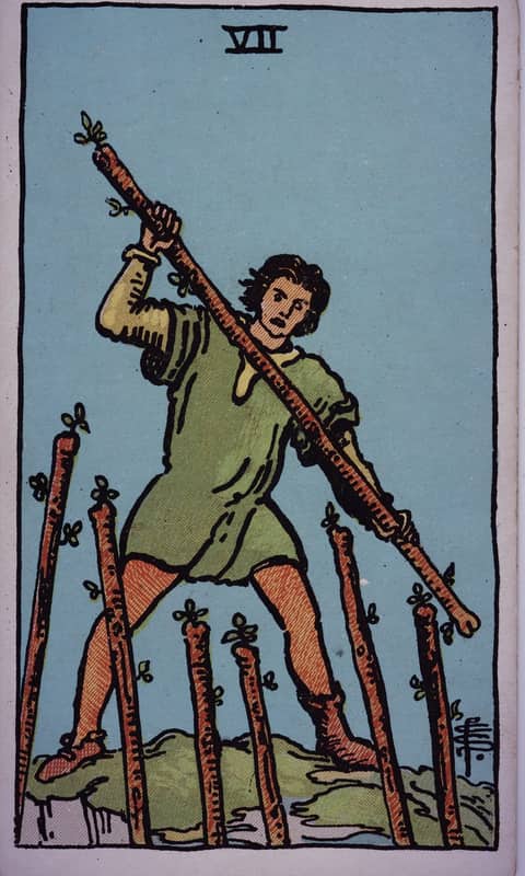 Seven of Wands tarot card, Rider Waite Smith deck
