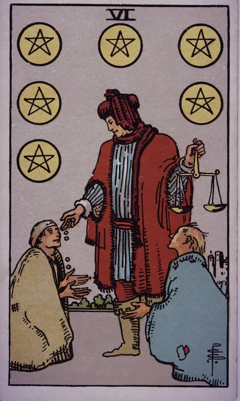 Six of Pentacles tarot card, Rider Waite Smith deck