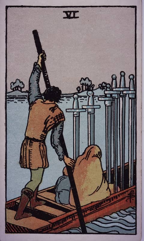 Six of Swords tarot card, Rider Waite Smith deck