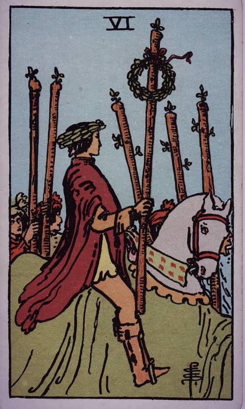 Six of Wands tarot card, Rider Waite Smith deck