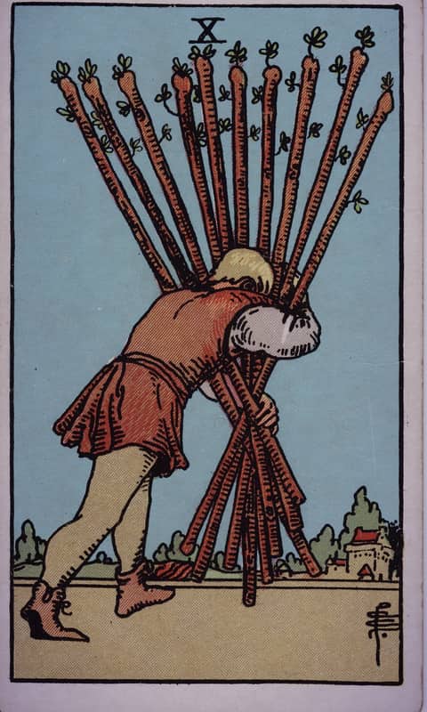 Ten of Wands tarot card, Rider Waite Smith deck