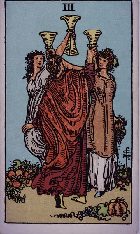 Three of Cups tarot card, Rider Waite Smith deck