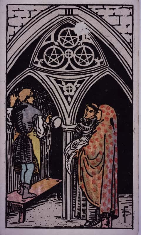 Three of Pentacles tarot card, Rider Waite Smith deck