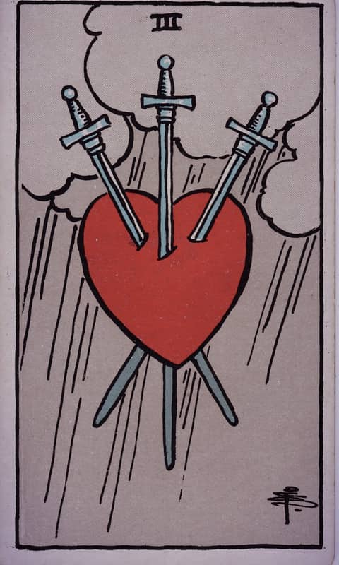 Three of Swords tarot card, Rider Waite Smith deck