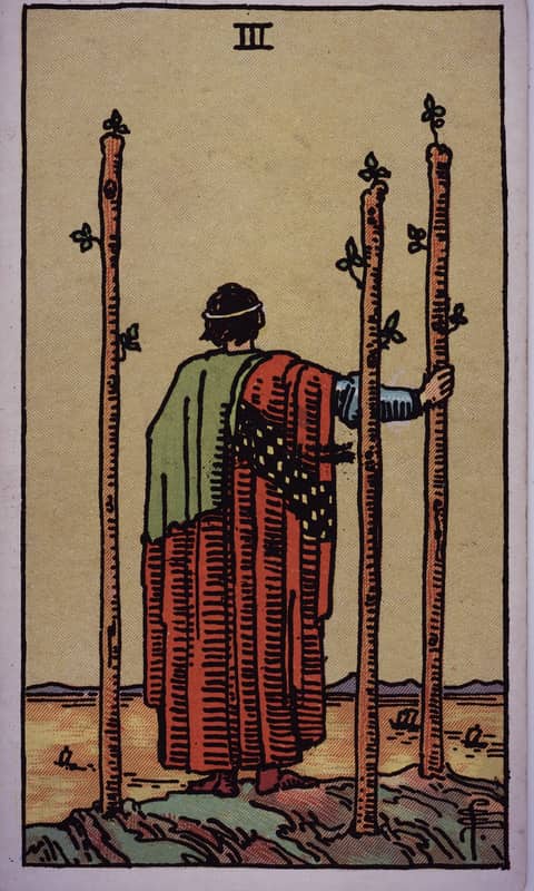 Three of Wands tarot card, Rider Waite Smith deck