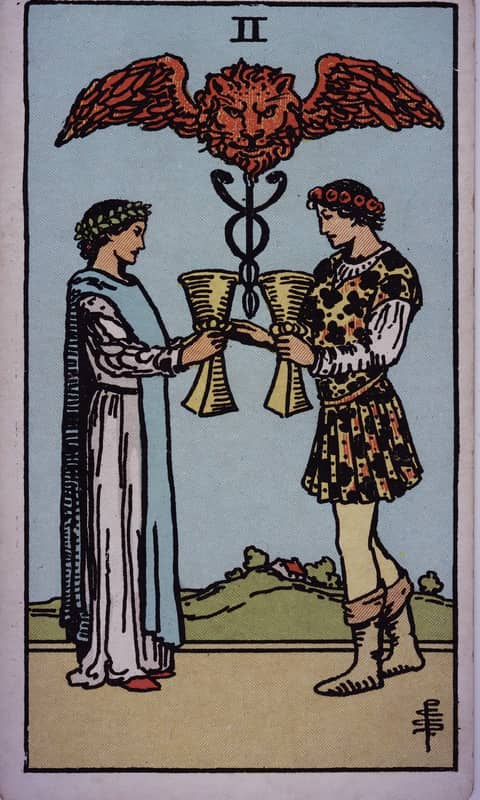 Two of Cups tarot card, Rider Waite Smith deck