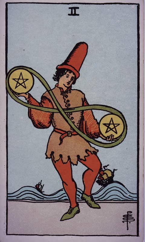 Two of Pentacles tarot card, Rider Waite Smith deck